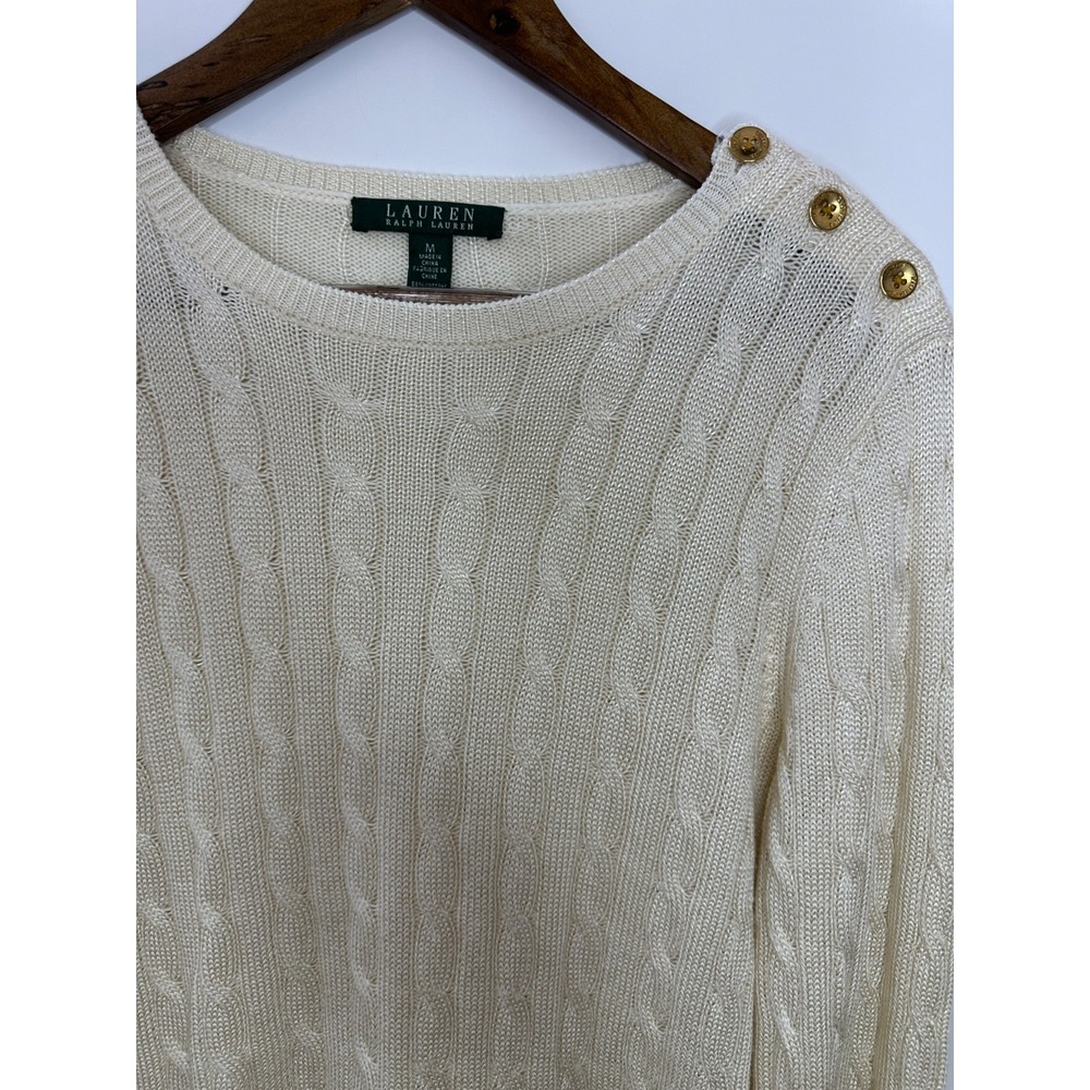 Lauren Ralph Lauren Women Cream Cable Knit Gold Button Shoulder Sweater Medium - Picture 4 of 12